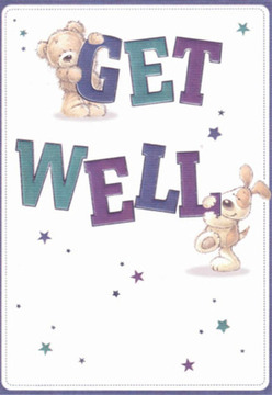 Comfort is the lasting impression of this New Addington get well card, where playful artistry and thoughtful detail come together to inspire hope and healing. A gentle teddy bear with warm, brown fluff holds the 'GET' aloft, exuding the same reassuring energy as a freshly arranged bouquet from a trusted local florist. The animated puppy, nuzzling 'WELL' with affectionate abandon, brings a lively dose of optimism to the forefront. Deep shades of purple and teal in the hand-painted text stand out crisply against the white background, much like fresh blooms set against verdant leaves in a summertime garden along Central Parade. Sprinkled stars in rich blues and violets uplift the design, adding magical undertones to the message of recovery. Every soft fur detail and expressive face recalls the comforting gestures New Addington families extend to those in need, ensuring the giver's intent shines through. As with a floral arrangement crafted for a neighbour, the card's gentle playfulness and sincere warmth help brighten even the stormiest day.